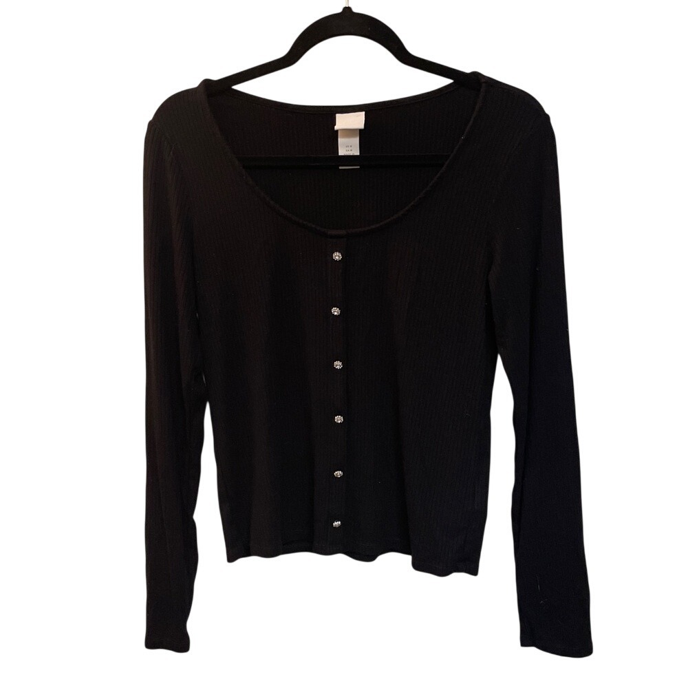 H&M Black Ribbed Long Sleeve Scoop Neck Top Rhinestone Buttons Size M